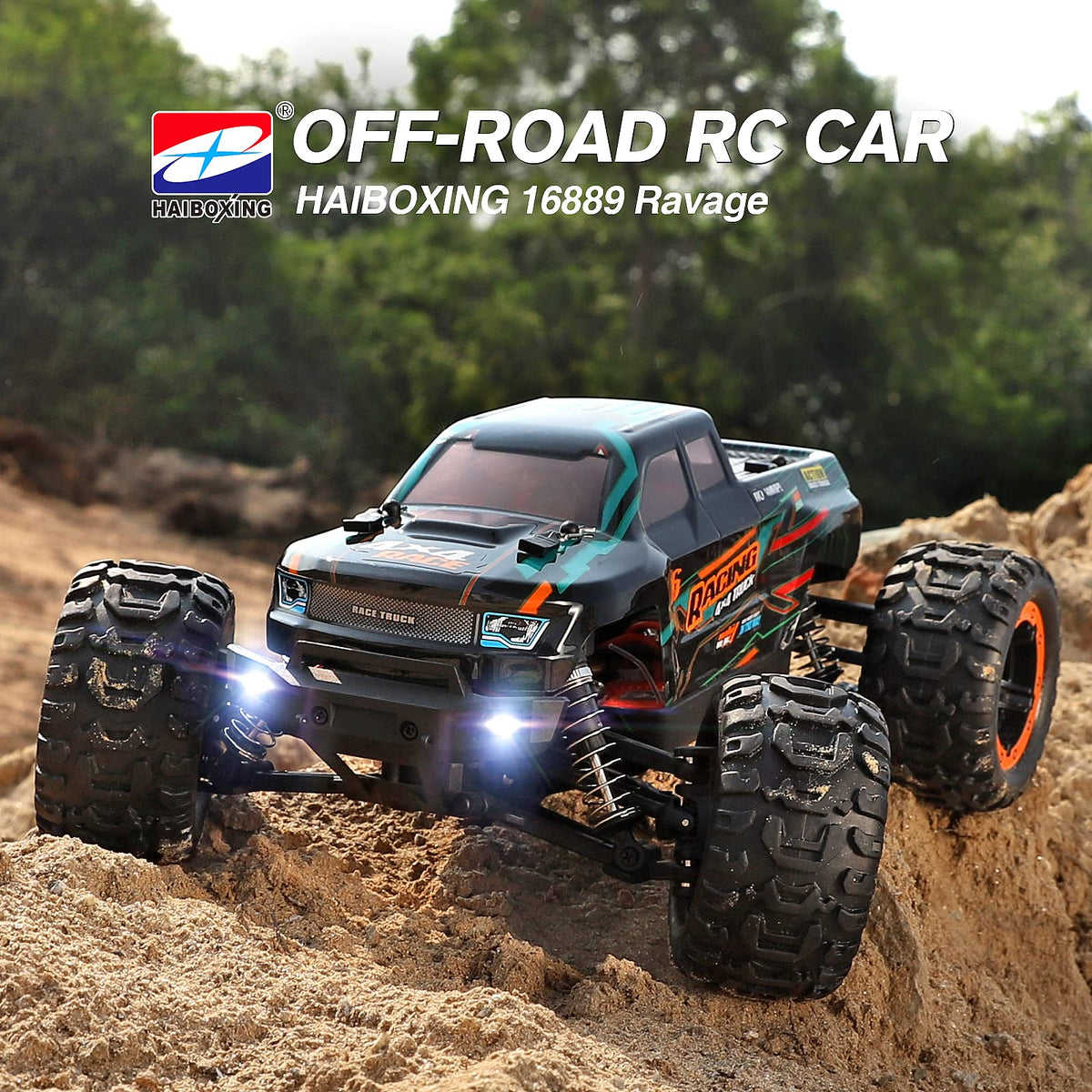HAIBOXING 16889 four-by-four chassis delivers rugged stability on rough terrain.