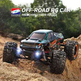 HAIBOXING 16889 four-by-four chassis delivers rugged stability on rough terrain.