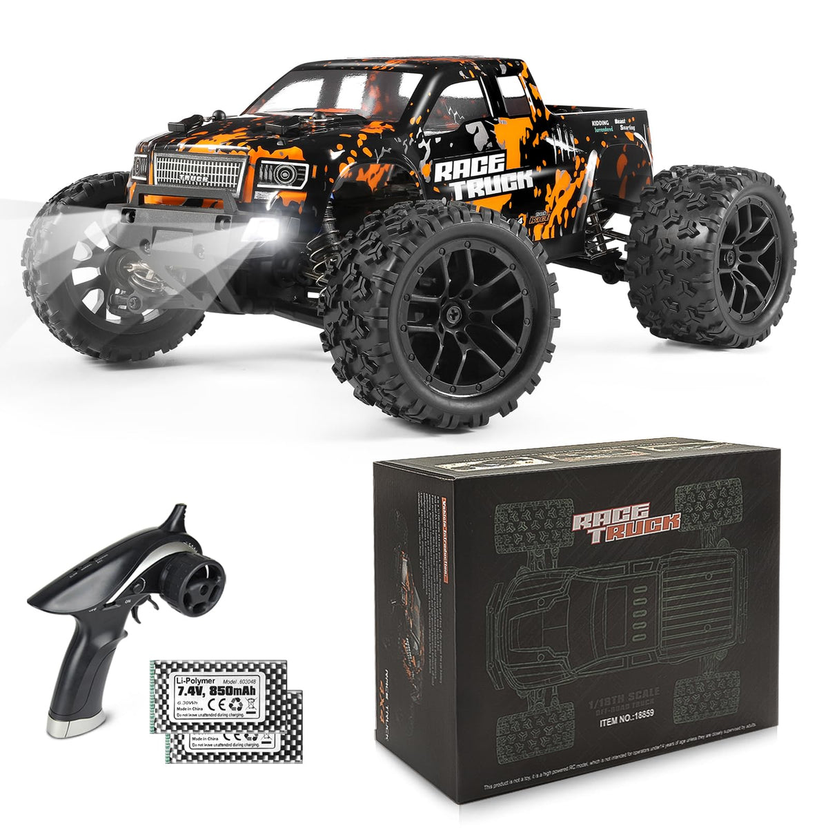 HAIBOXING 18859 oversize 1:18 truck front view with LED headlights for night off-road.