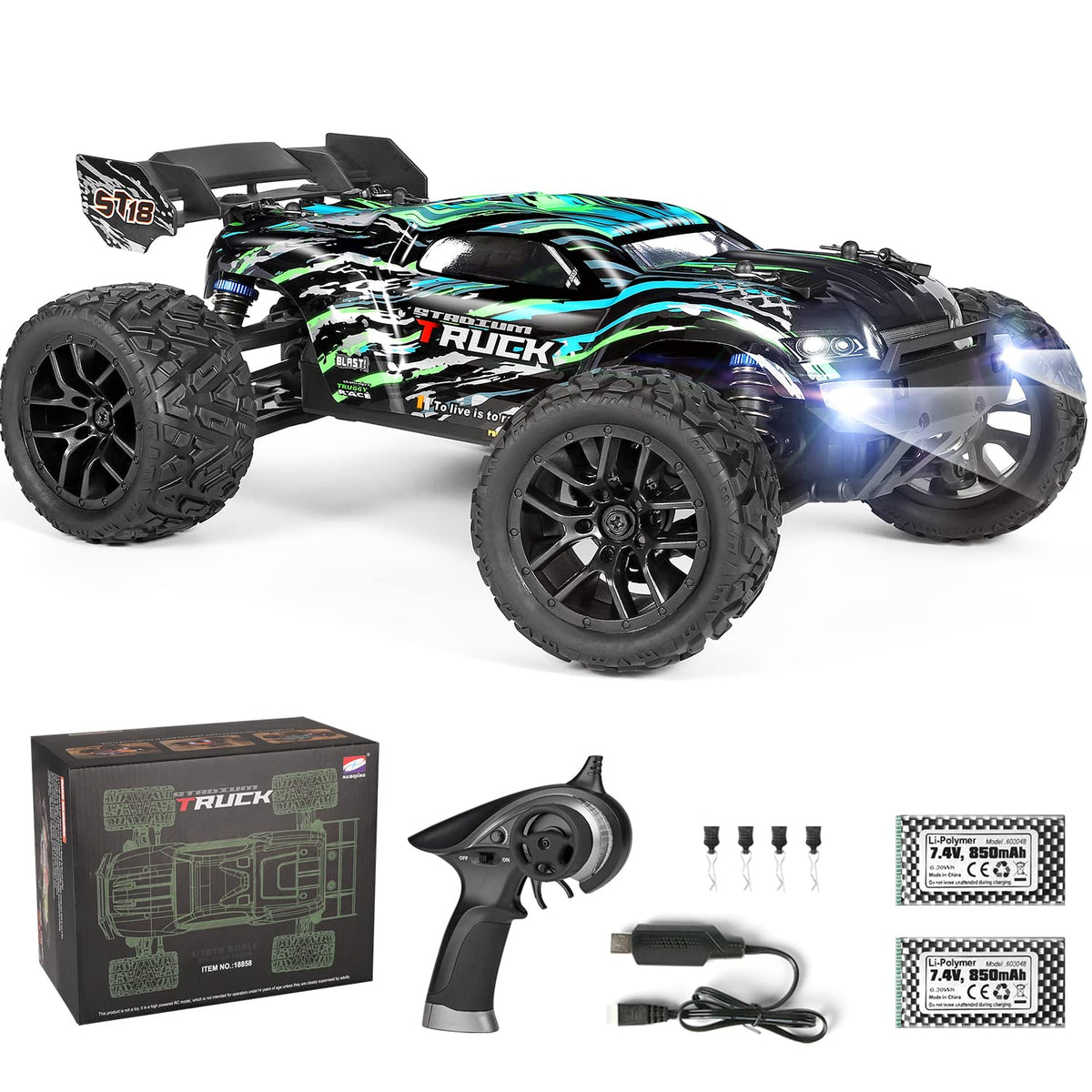 HAIBOXING Hailstorm RC car front view with rugged 4WD chassis for off-road fun.