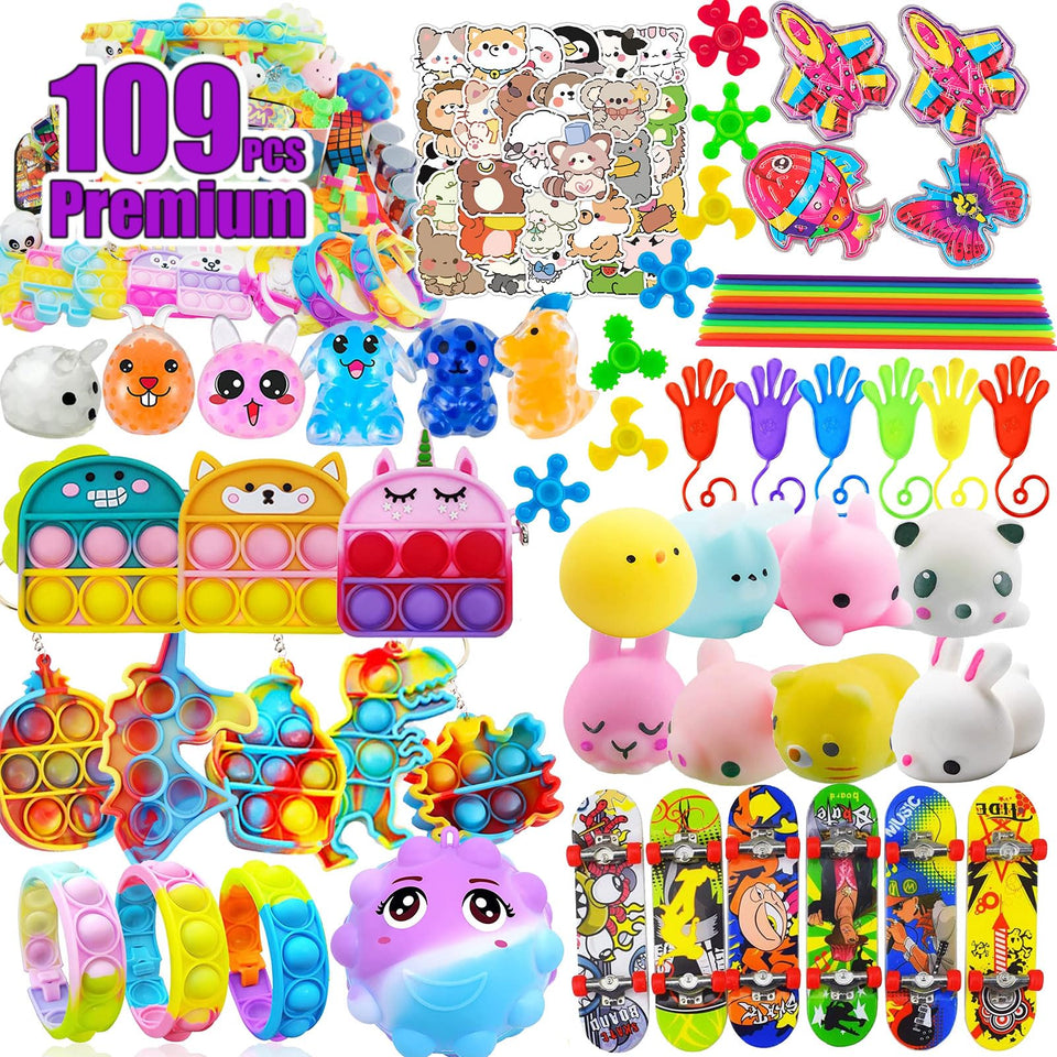 HAICORO 109 PCS party favors set, vibrant assortment for kid-friendly celebrations and classroom prizes.
