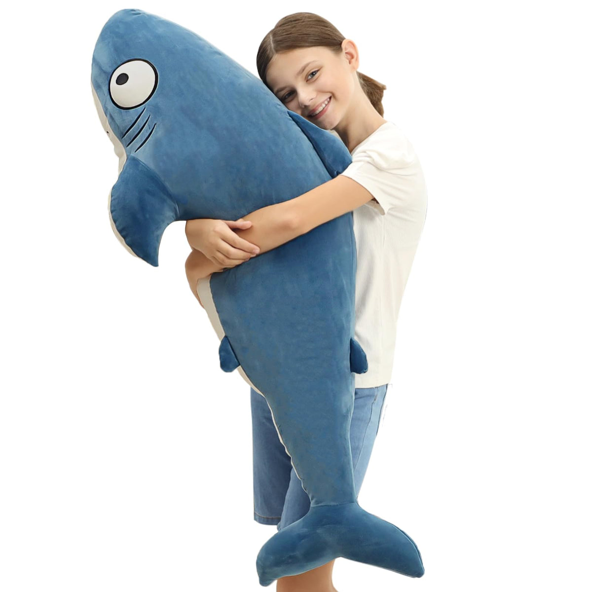 HAIJUNYA 48-inch blue giant sharks plush provides cozy sleep support.