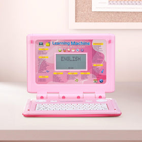 HAIOUMM Kids Laptop screen shows math, alphabet and clocks in bright modules