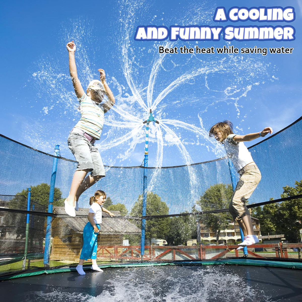 Children play under HaiSun sprinkler cooling the trampoline surface