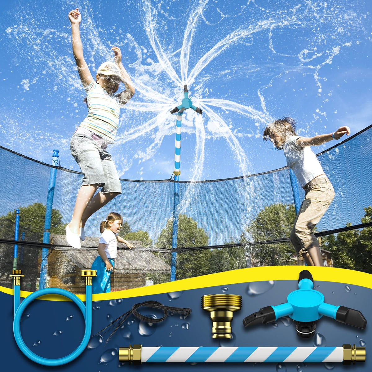 HaiSun universal trampoline sprinkler showing 360-degree rotation over a sunny backyard