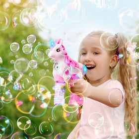 Haktoys automatic bubble blower, steady stream of bubbles for effortless fun.