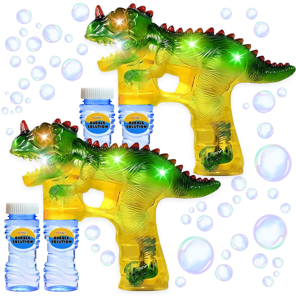 Haktoys dinosaur bubble gun front view, easy trigger for kids' outdoor fun.
