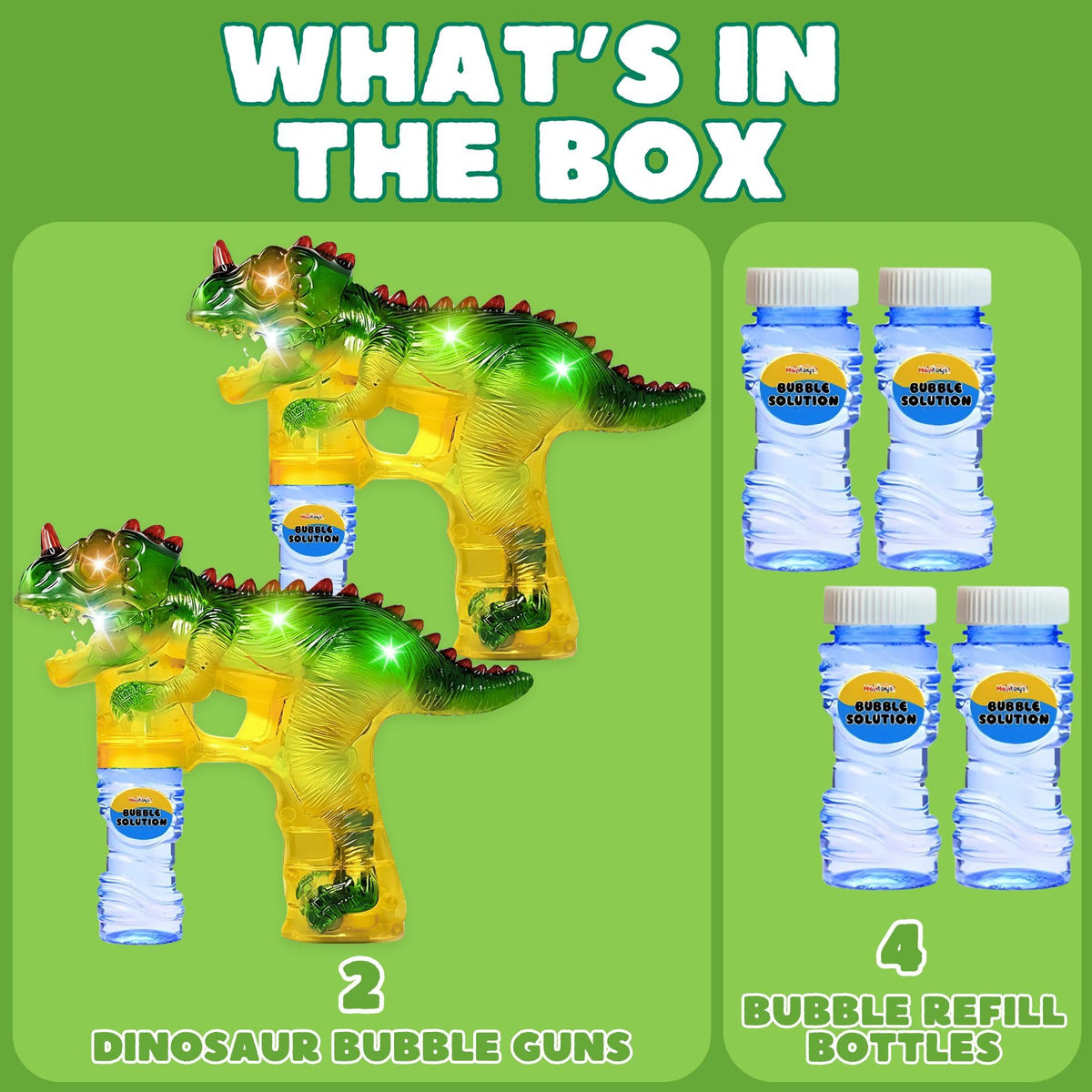 Haktoys dinosaur bubble gun side view, lightweight design for little hands.