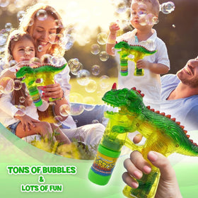 Haktoys kids enjoying bubbles in backyard with dinosaur design.