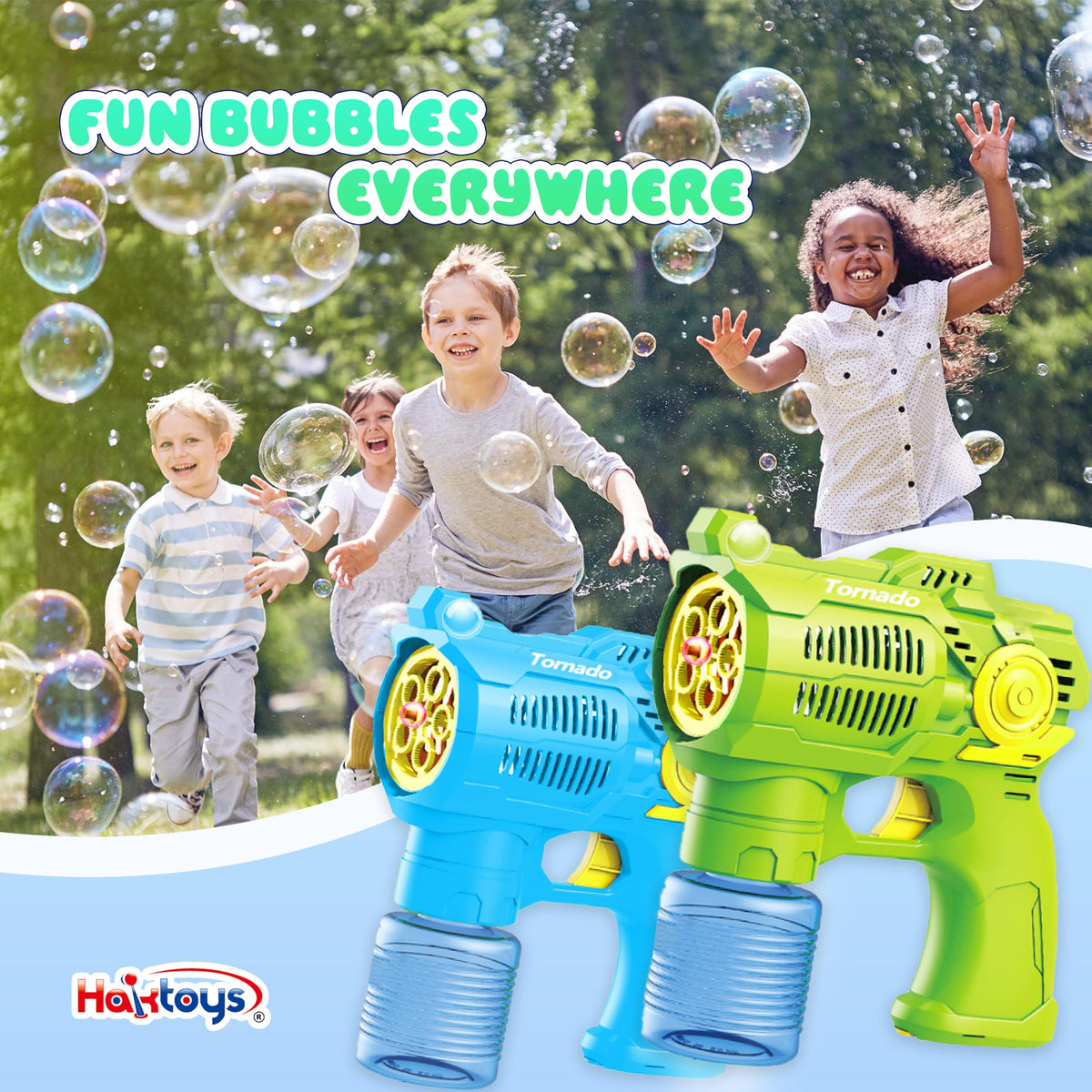 Haktoys kids enjoying outdoor bubble play in sunlight.