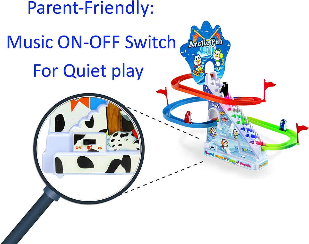 Haktoys Penguin Slide with music switch enables quiet, flexible play