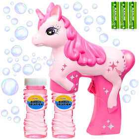Haktoys pink unicorn bubble gun, charming design for kids, ideal for imaginative outdoor play.