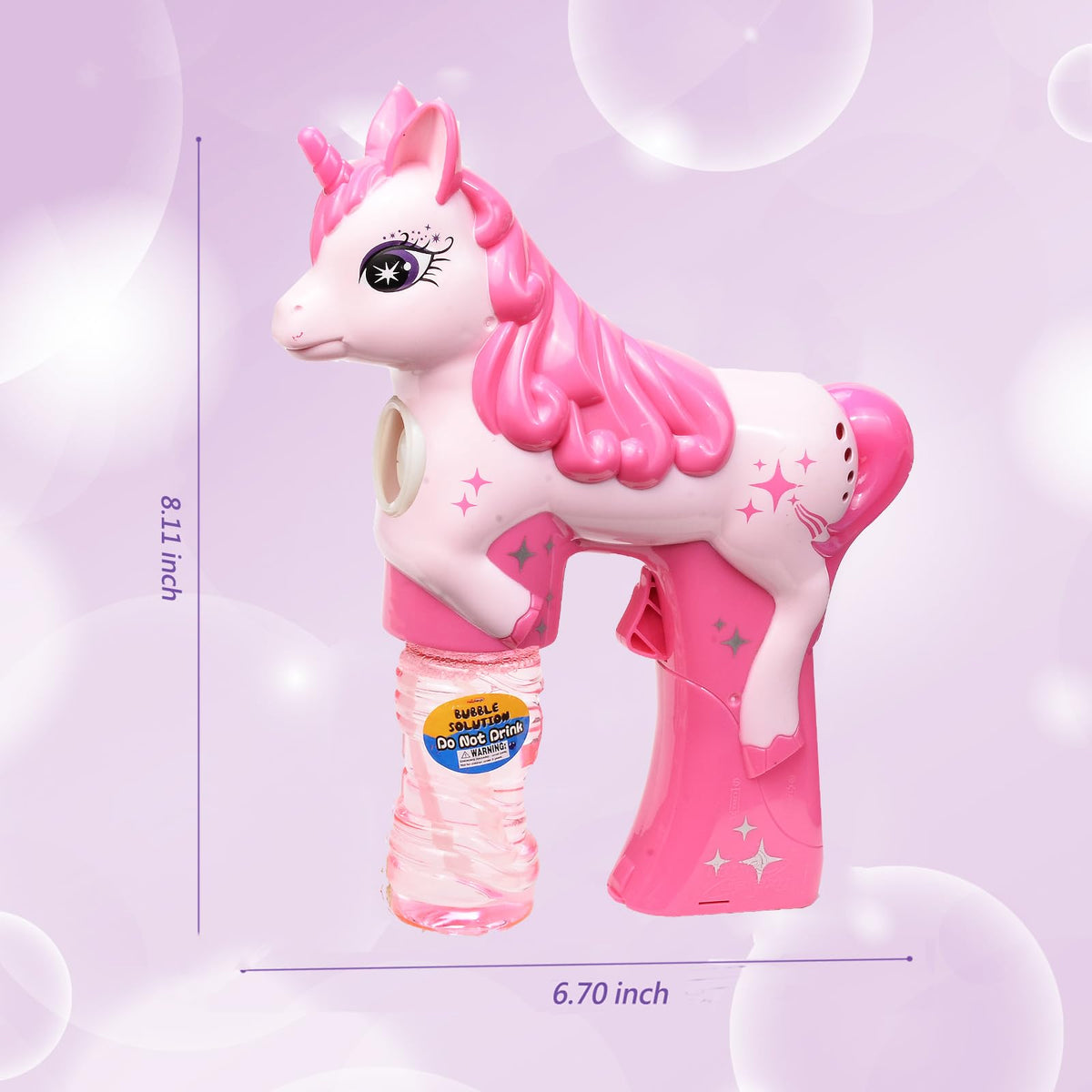 Haktoys Unicorn Bubble Blower automatic action shows one-press bubble generation.