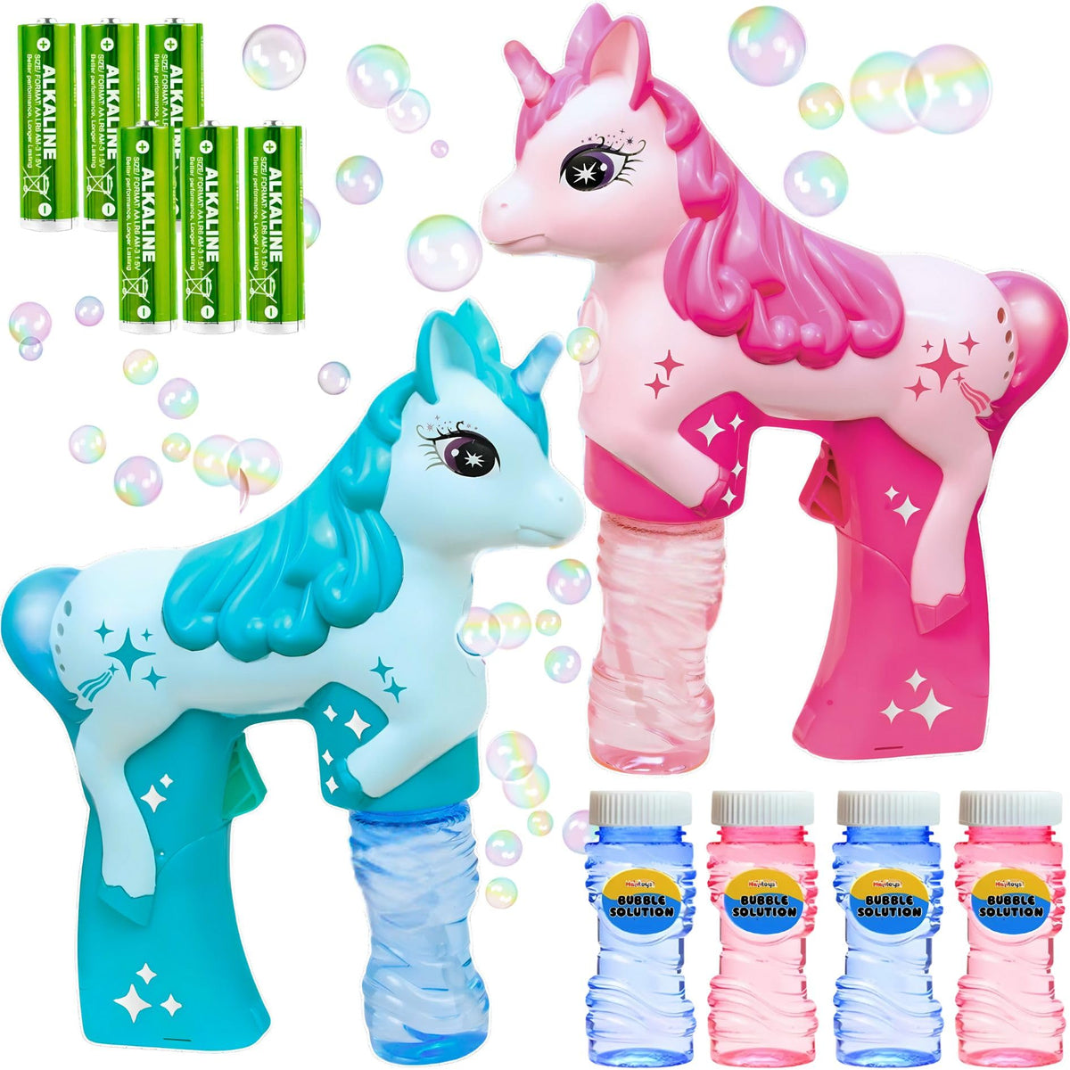 Haktoys Unicorn Bubble Gun Set blue for outdoor play with continuous bubbles.