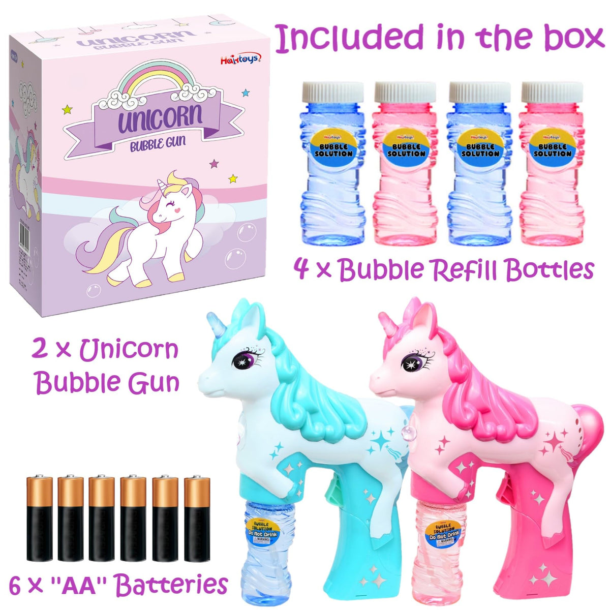 Haktoys Unicorn Bubble Gun Set pink designed for shared play and easy triggering.