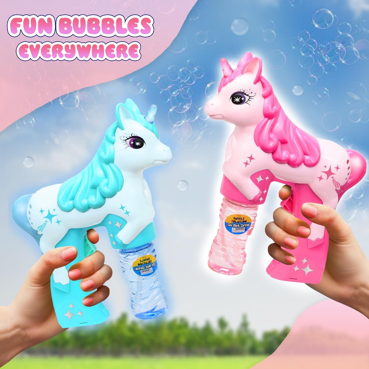 Haktoys Unicorn Bubble Gun Set yellow ideal for sunny backyard fun and easy use.