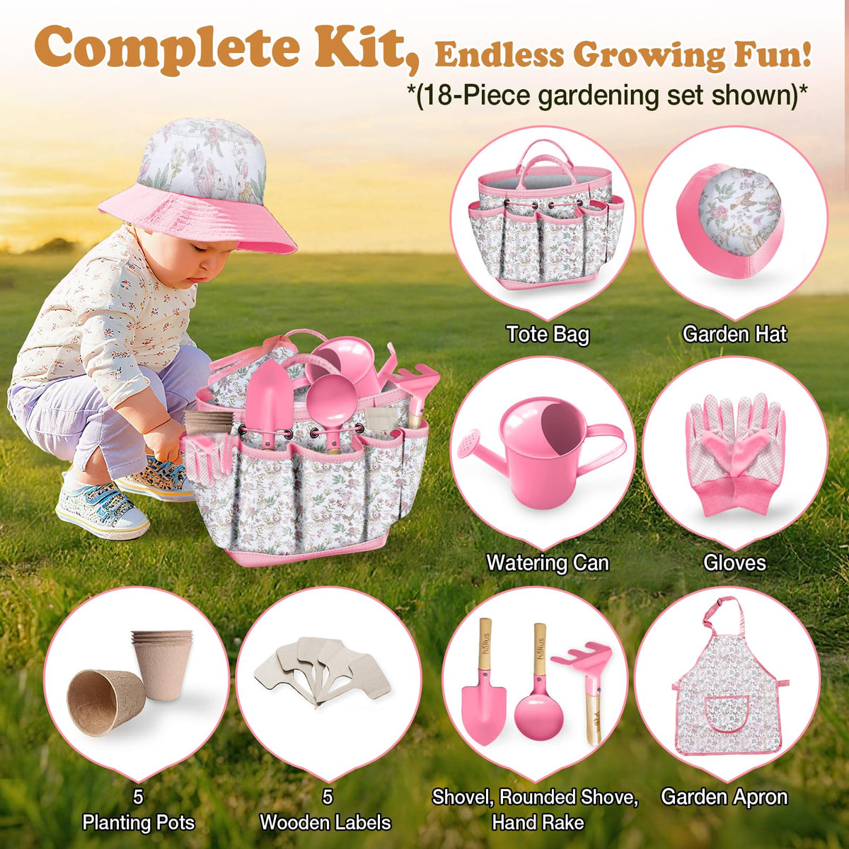 Halilus pink apron from the kids gardening set protects clothes during garden fun