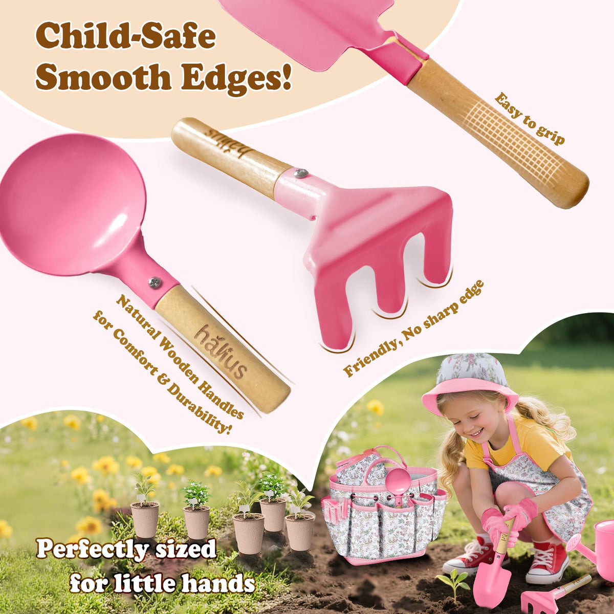 Halilus pink gloves from the kids gardening set provide safe grip for small hands