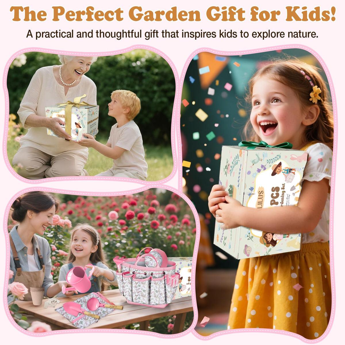 Halilus pink hat from the kids gardening set shields young gardeners from sun
