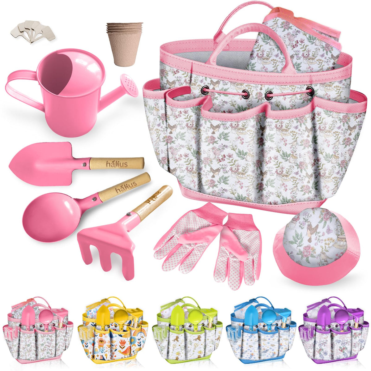 Halilus pink tote bag from the kids gardening set keeps tools organized for outdoor play