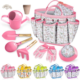 Halilus pink tote bag from the kids gardening set keeps tools organized for outdoor play