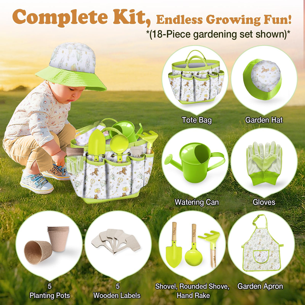 Halilus Kids Gardening Set apron protects clothing during hands-on garden time.