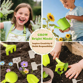 Halilus Kids Gardening Set plant pots and markers support simple planting and labeling.
