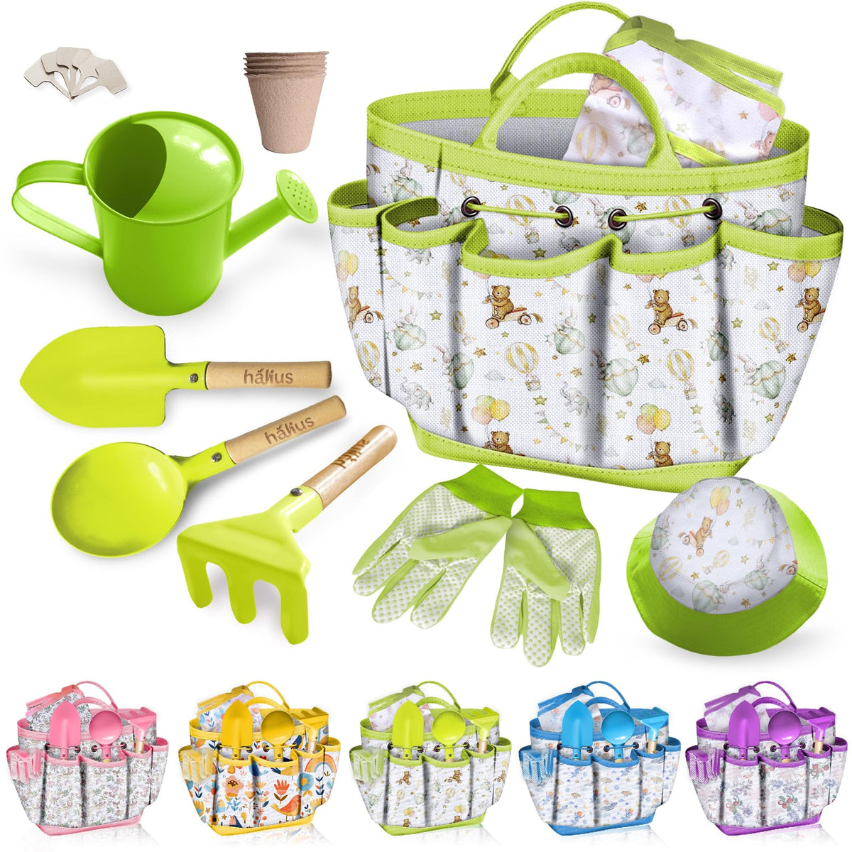 Halilus Kids Gardening Set tote bag keeps supplies organized for outdoor play.