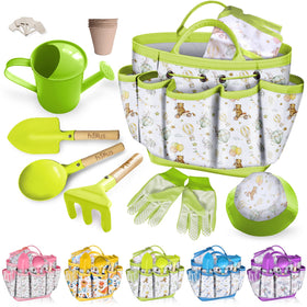 Halilus Kids Gardening Set tote bag keeps supplies organized for outdoor play.