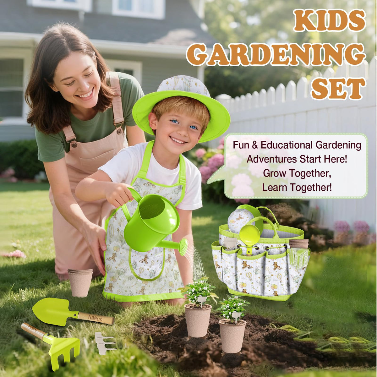 Halilus Kids Gardening Set watering can makes watering easy for little gardeners.