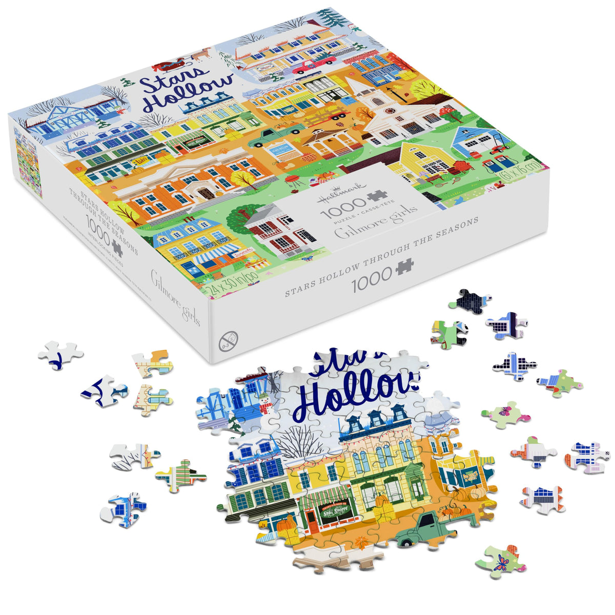 Hallmark Gilmore Girls puzzle shows Stars Hollow town map for cozy family evenings.