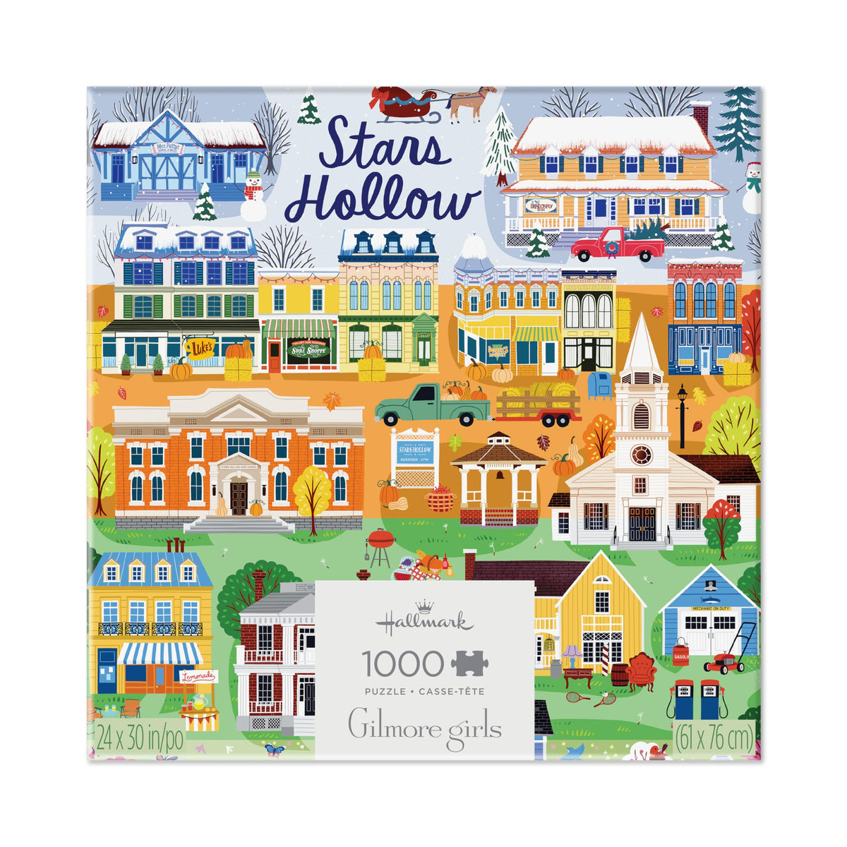 Hallmark Gilmore Girls puzzle highlights the town square gazebo in color.