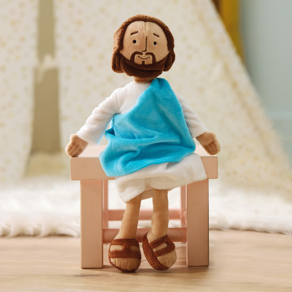 Hallmark My Friend Jesus plush with white robe and blue sash, ideal for Bible storytelling.