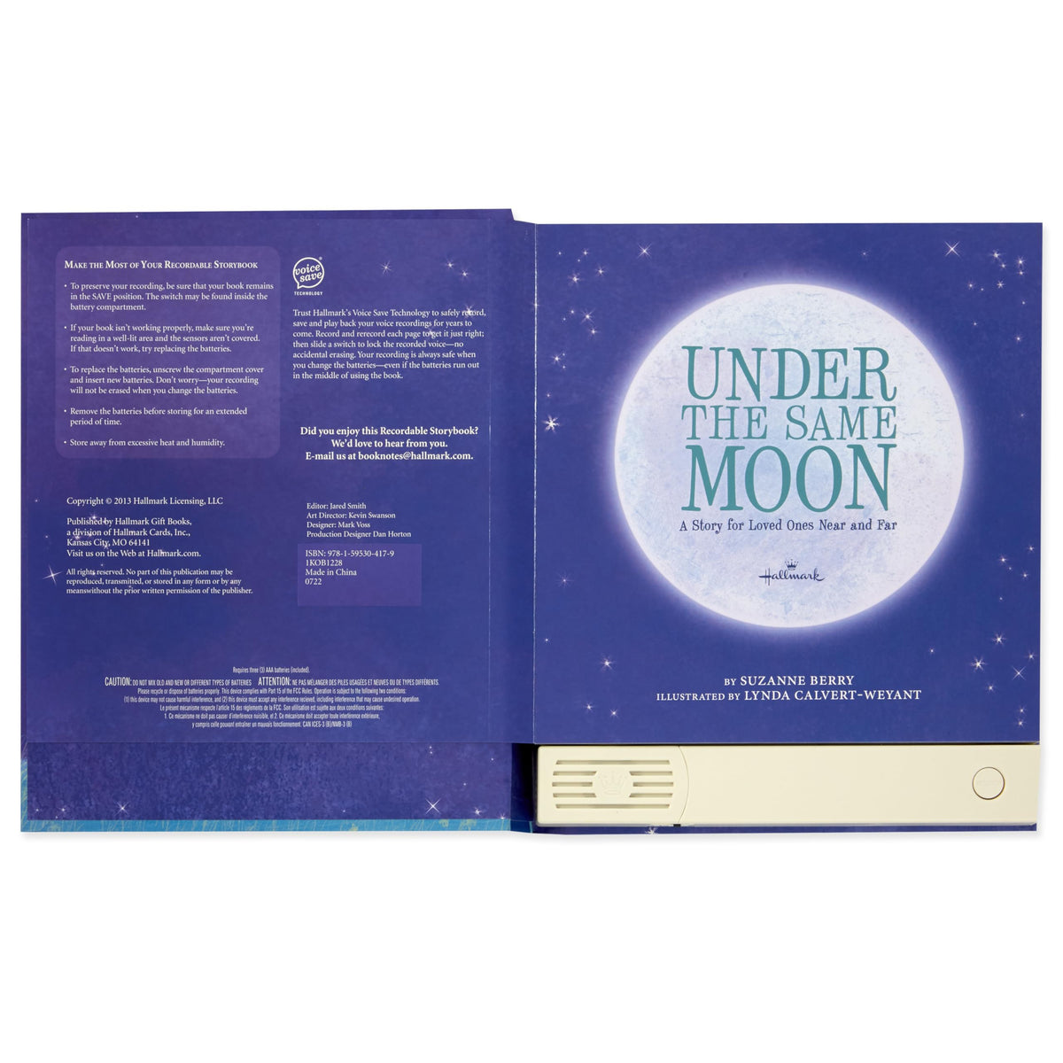 Hallmark Under The Same Moon Recordable Storybook measures about 8.625 by 10 inches for compact display.
