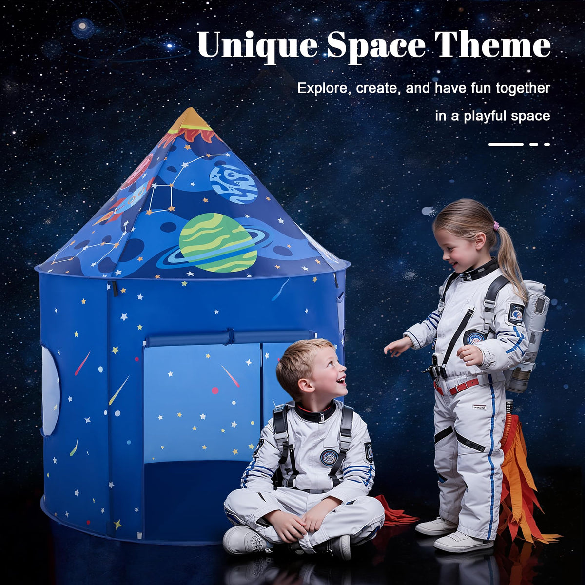Hallo Deer Rocket Ship Tent starry walls create immersive space-themed play.