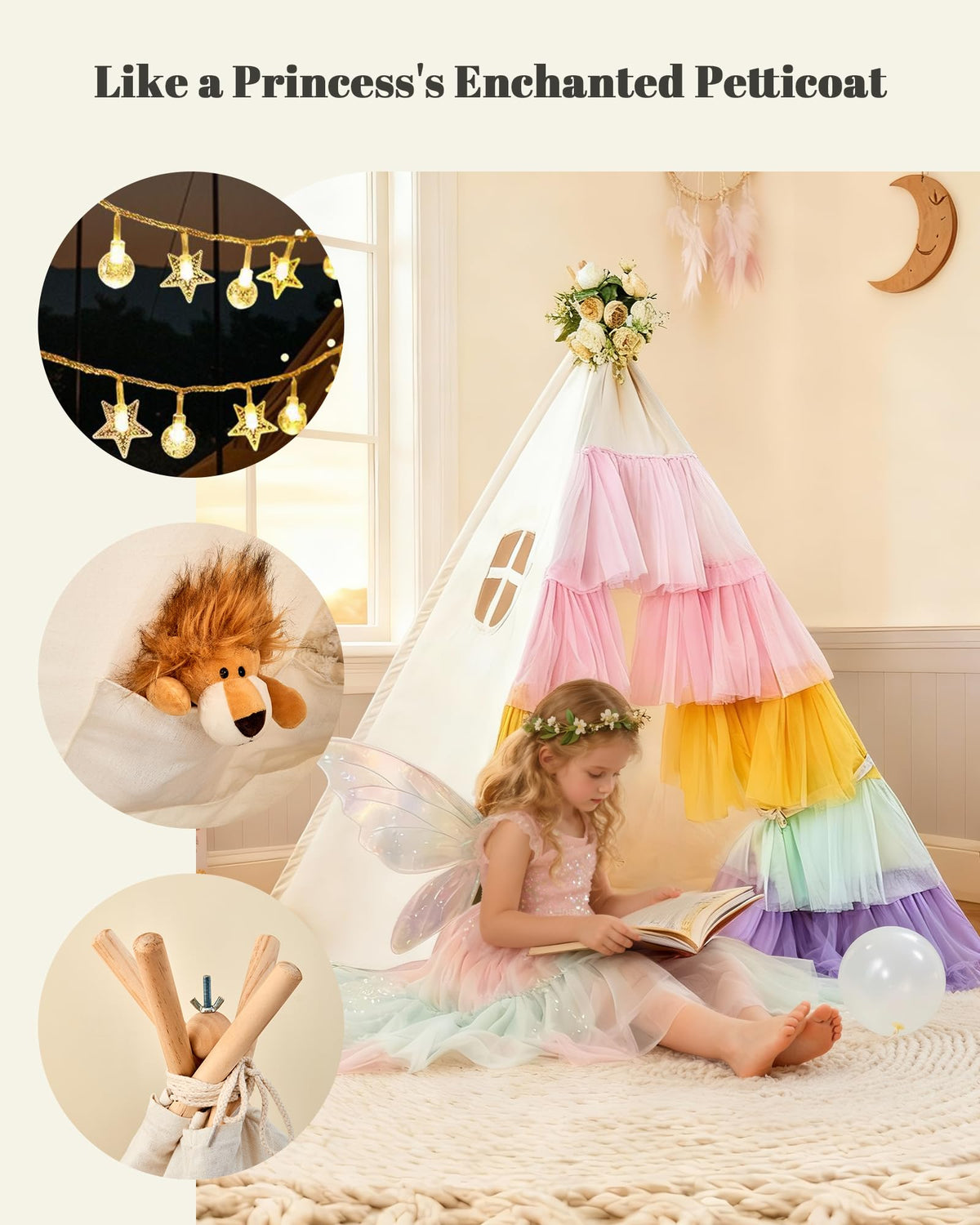 HalloDeer tepee tent pink gauze layers invite soft light and dreamy play.