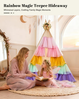 HalloDeer tepee tent rainbow tulle adds whimsy for creative play and hideaways.