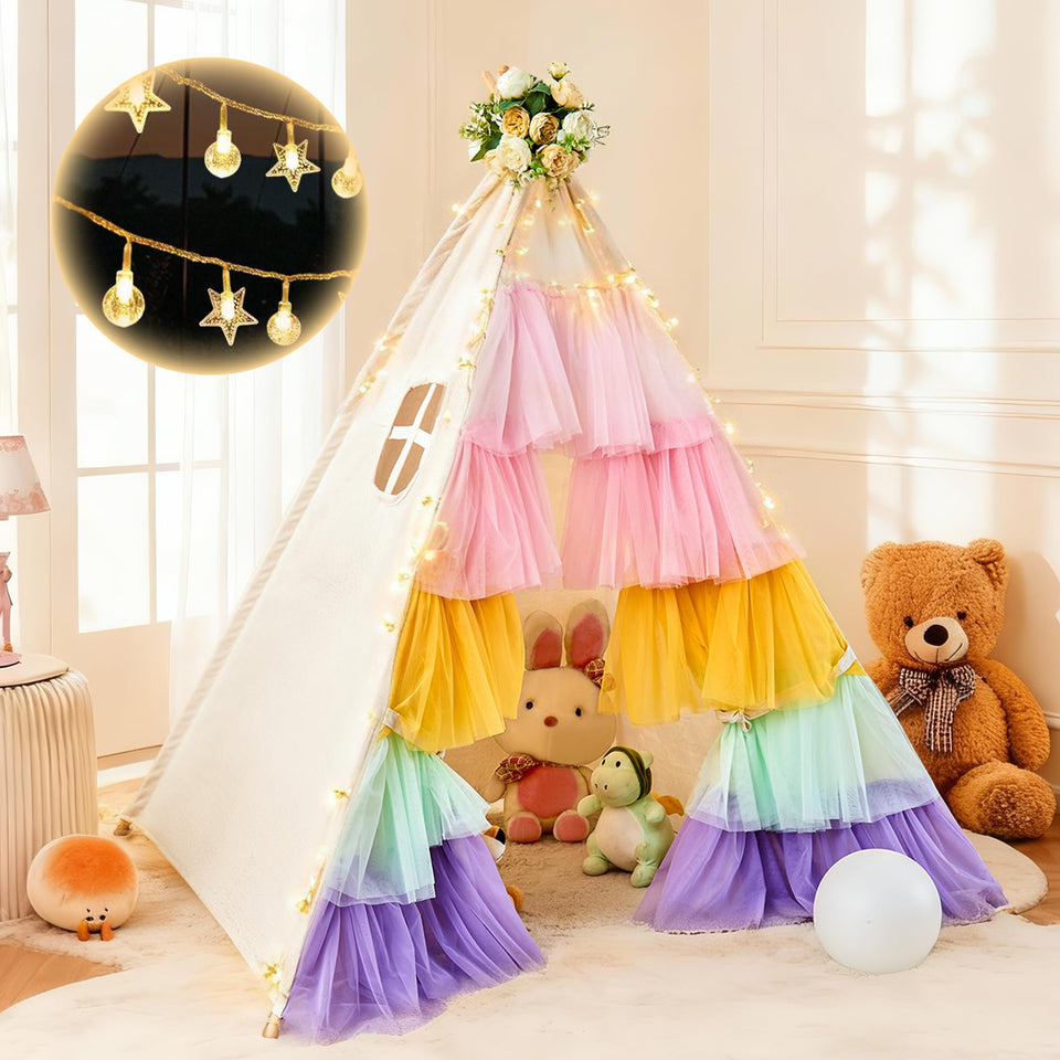 HalloDeer tepee tent with star lights creates magical nighttime ambience for kids.