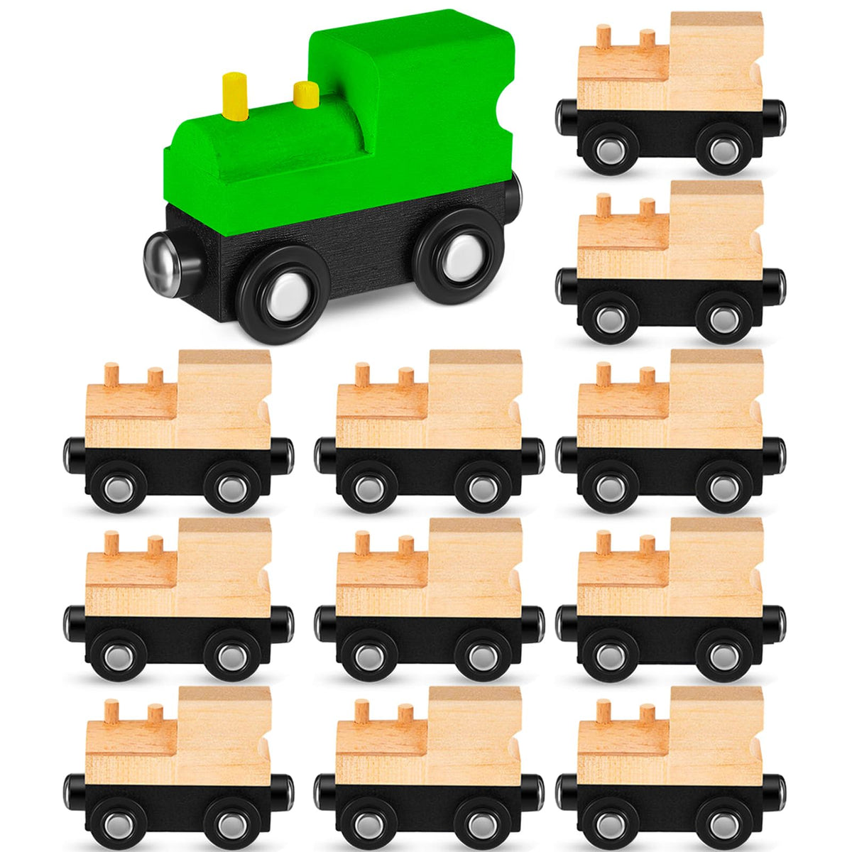 Halloscume 12-piece unfinished wooden trains for DIY painting and imagination.