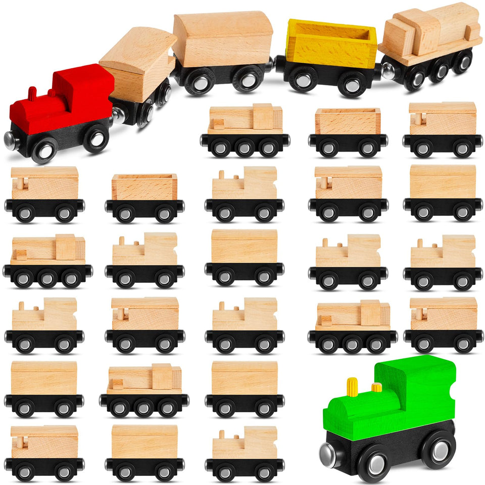 Halloscume 30pcs unfinished wooden train cars for creative play and easy customization.