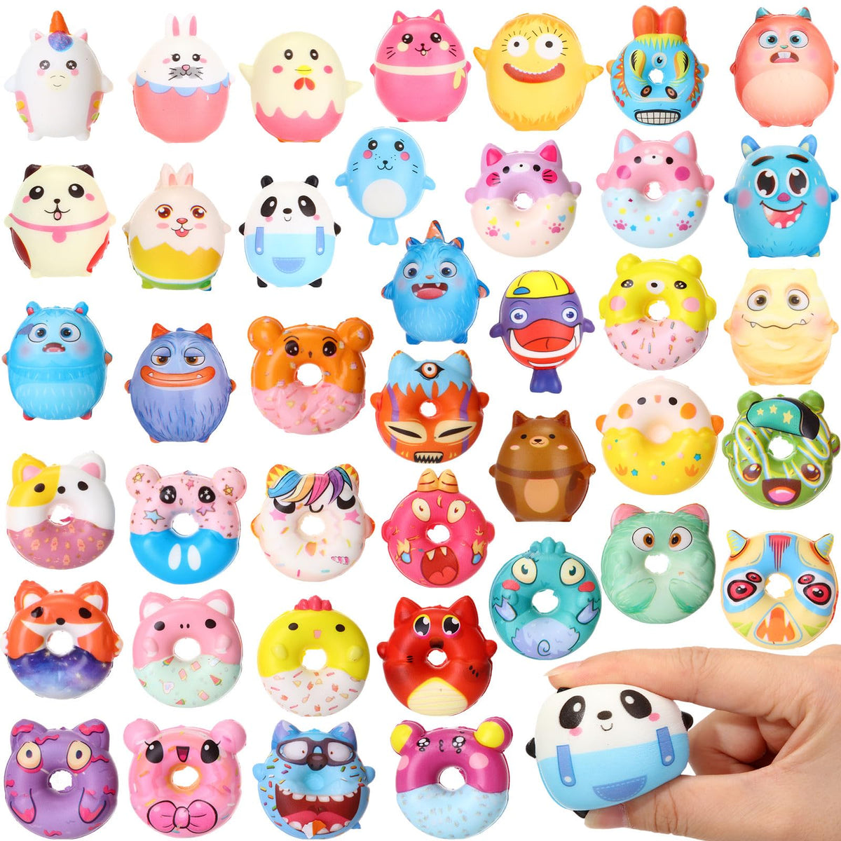 Halloscume 72-pack squishies in donuts and animals, vibrant and ready for stress relief.