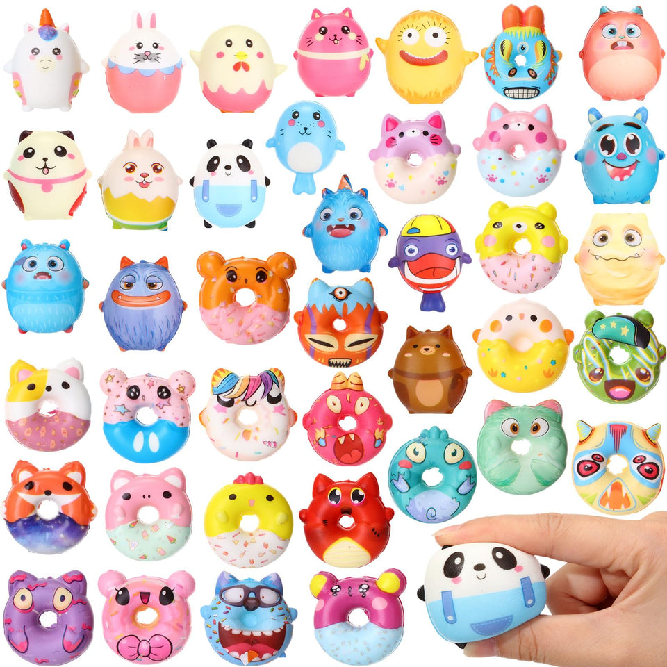 Halloscume 72-pack squishies in donuts and animals, vibrant and ready for stress relief.
