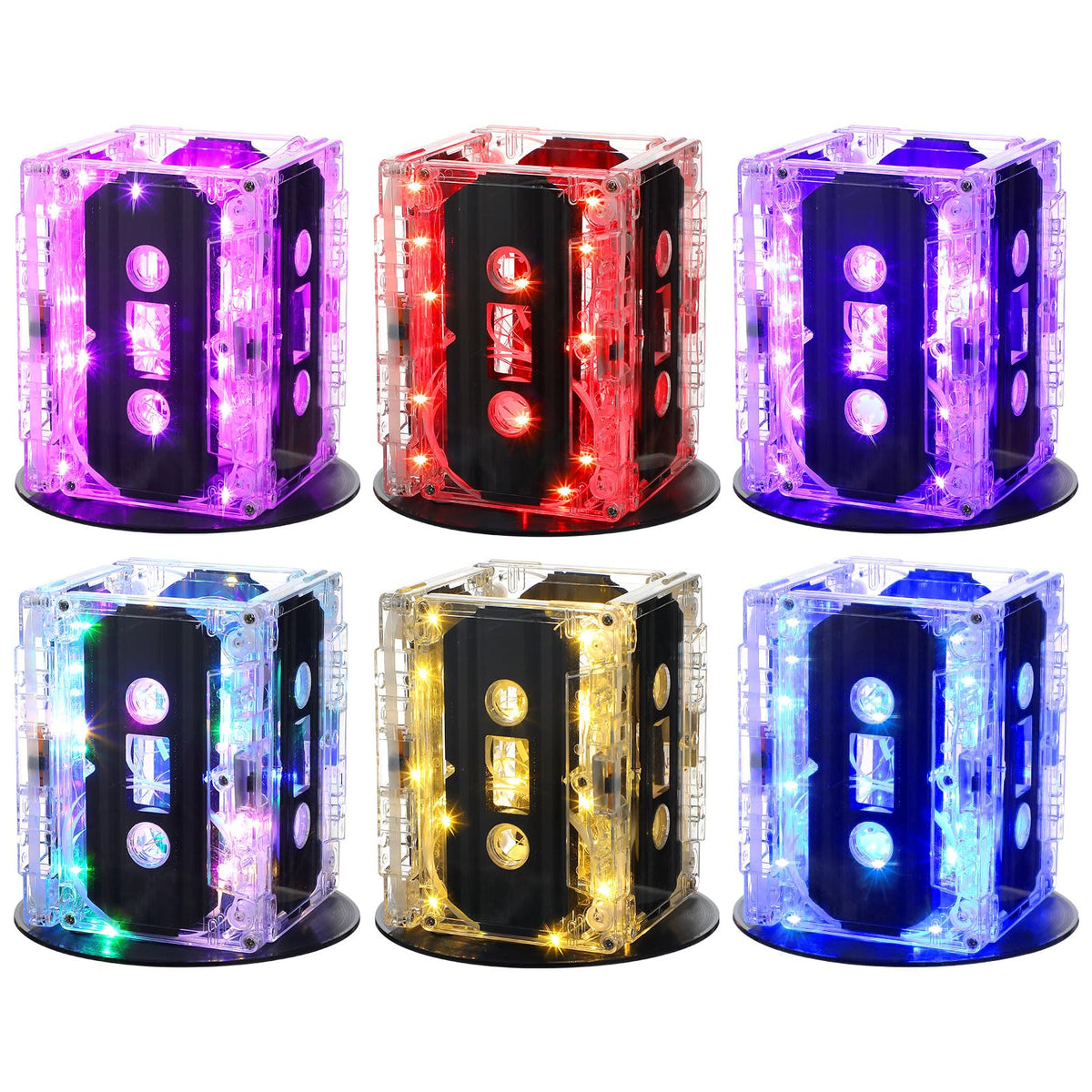 Halloscume cassette tape centerpiece with neon lights for retro party ambiance