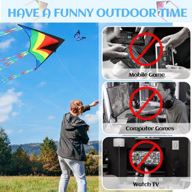 Halloscume delta kite in rainbow colors high in the sky for vivid scenery.