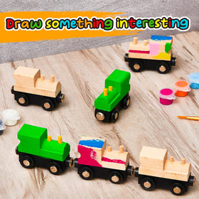 Halloscume DIY wooden trains ideal for party favors and crafts.