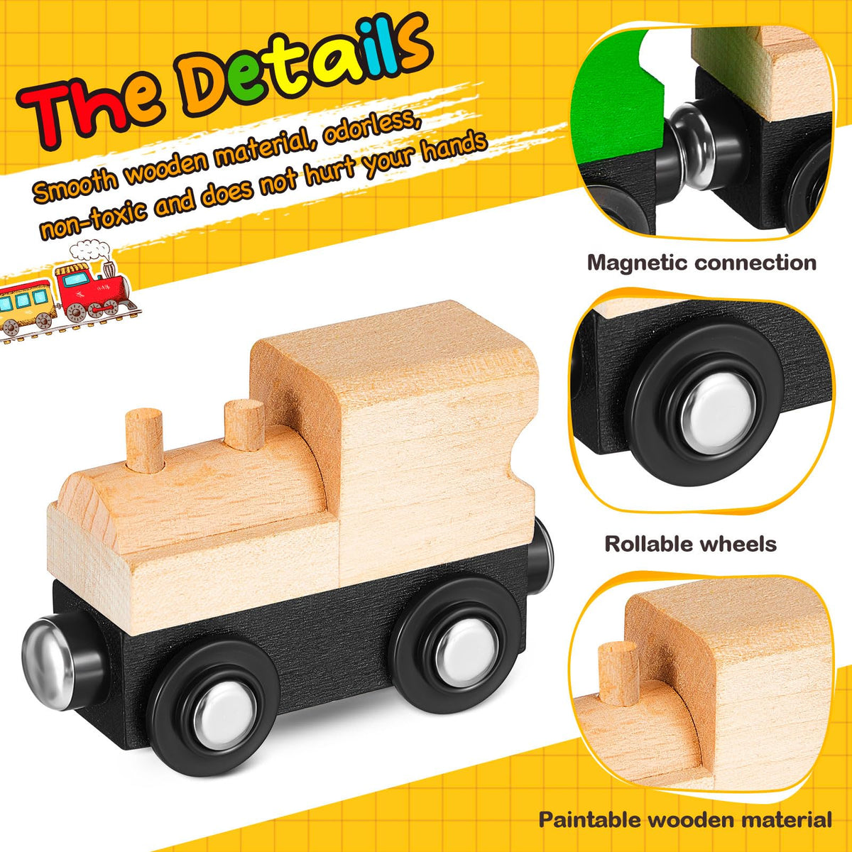 Halloscume natural-color and black wooden trains for versatile setups.
