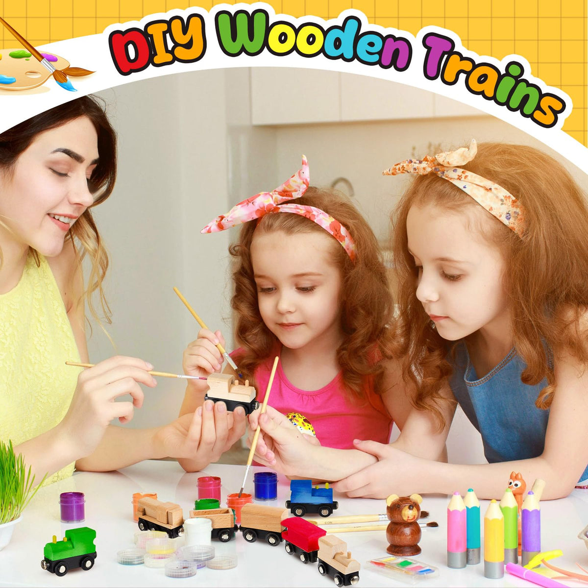 Halloscume wooden train set supports fine motor skills during kid crafts.
