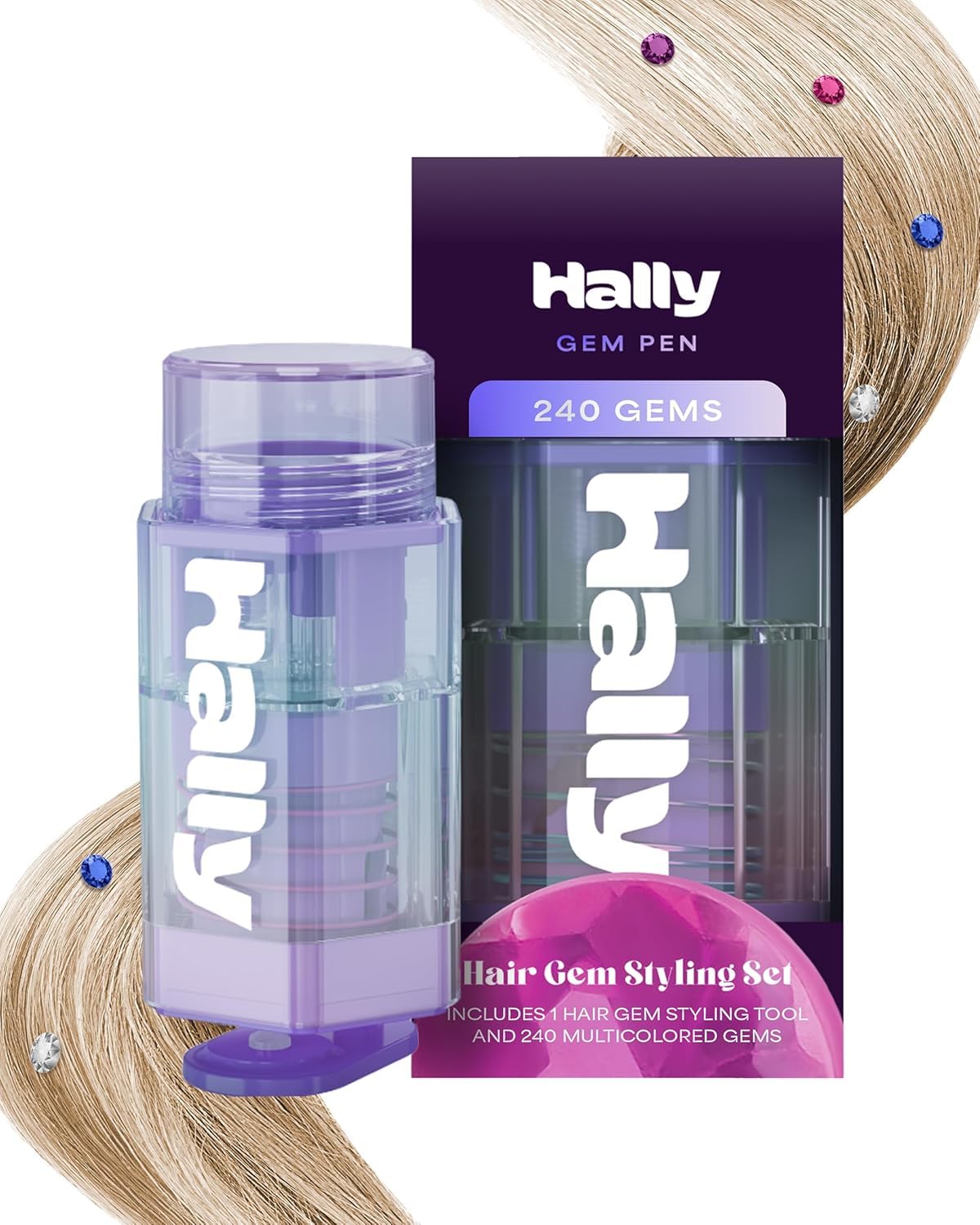 Hally Hair Gem Pen packaging with 240 gems for quick glam.