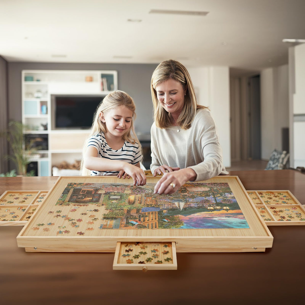 Large 1500-piece board measures 34.3 by 26.5 inches for big puzzles.