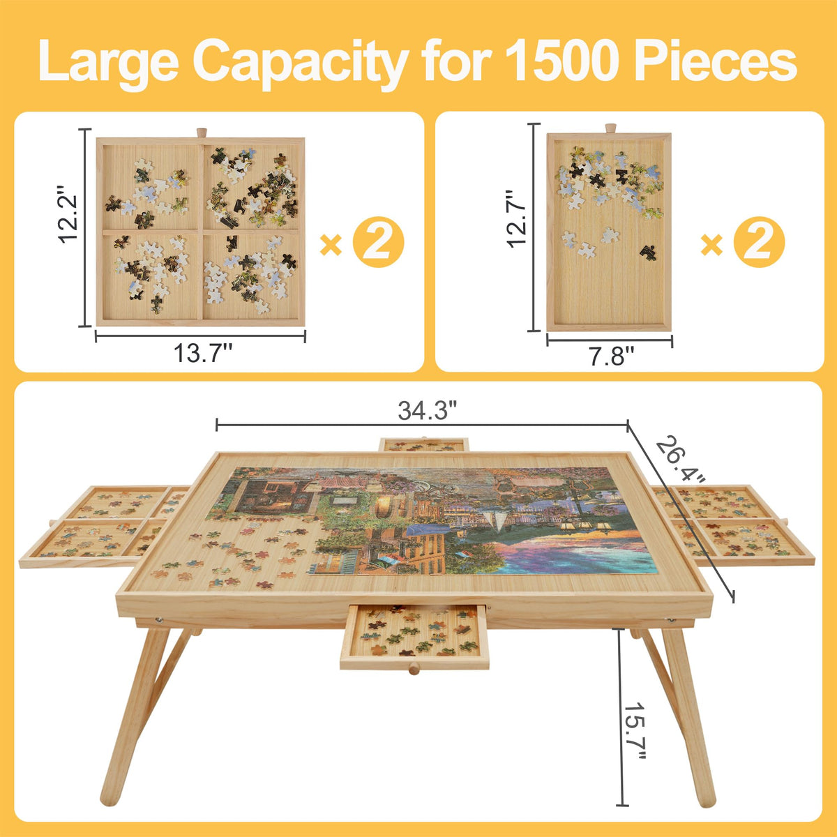 Removable cover protects puzzle pieces from dust and pets during transport.
